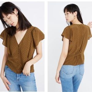 Madewell Olive Green Silk Carmelina Flutter-Sleeve Top in Polka Dot